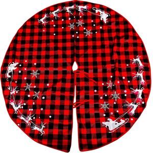 Large Christmas tree Skirt Red& Black Plaid Buffalo Mat Decoration 47" Diameter